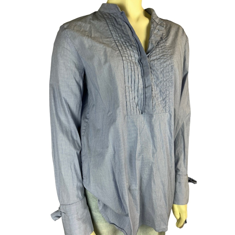 Ann Taylor S small blue and white bib front bow sleeve blouse top shirt - Picture 3 of 13